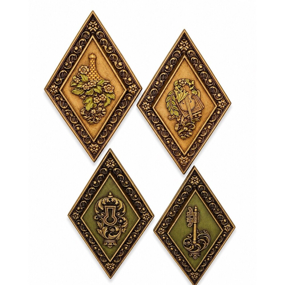 Vintage Syroco Style Diamond Wall Plaques Set 4 Colonial Key Violin Basket Decor